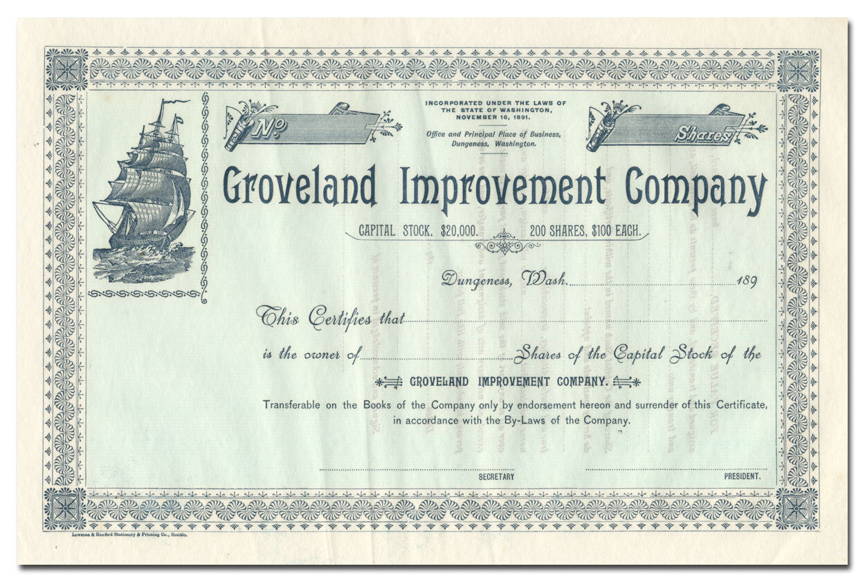 Groveland Improvement Company Stock Certificate (dungeness, Wa)