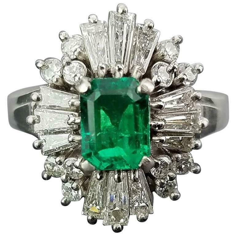 Brilliant Baguette Cut Emerald With Multi Shape Clear Cz 2.54 Tcw Unique Ring