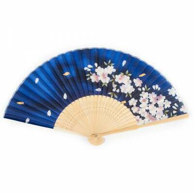 Japanese Folding Fan - Blue Cherry Blossom Silk & Bamboo Paper Oriental Fan