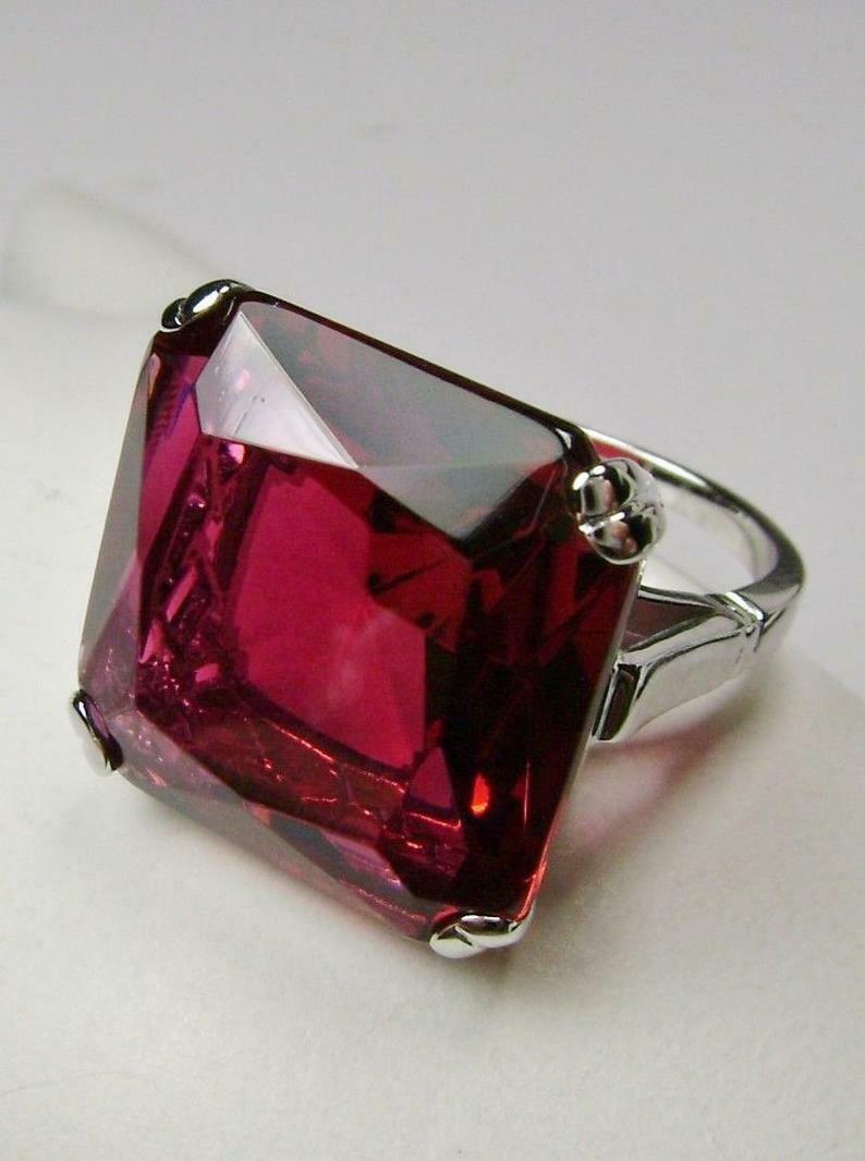 21.03ct Big Huge Square Cut Sim Red Ruby Solid 925 Silver Solitaire Vintage Ring