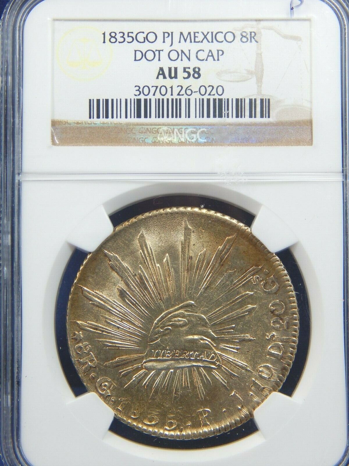 1835 Go Pj 8 Reales Mexico Ngc Au58 Cap & Rays Rare Silver Crown Star On Cap