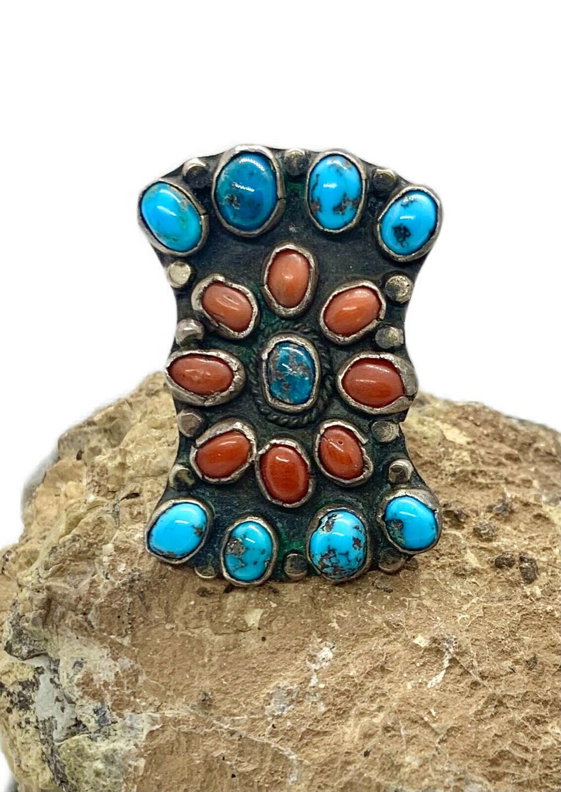 Antique Navajo Handmade Large Sterling Silver Turquoise Coral Ring 9.5