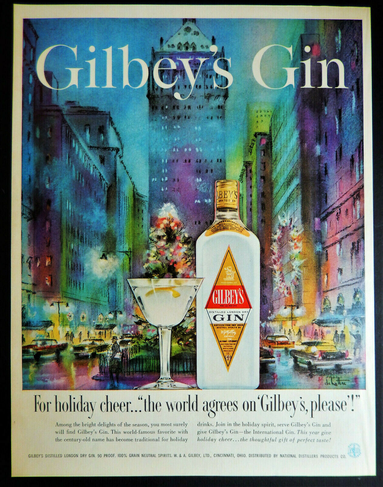 Vtg 1959 Gilbey's London Dry Gin Holiday Cheer Advertisement Ad