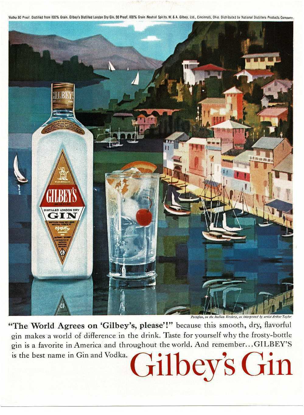 1963 Gilbey's Gin Portofino Landscape Artist Arthur Taylor Vintage Print Ad