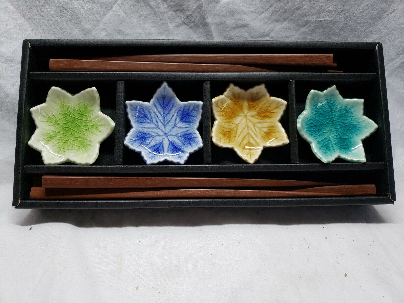 Vintage Wooden Chopsticks And Ceramic Maple Leaf Rests In A Gift Box