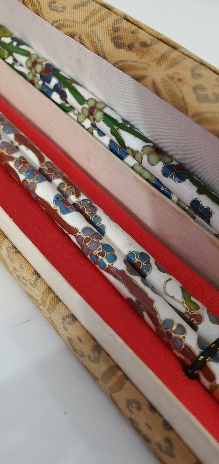 2 Vintage Cloisonne Enamel Blue Floral Pattern Chopsticks In Box Sets