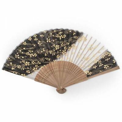 Japanese Folding Fan - Black Cherry Blossom Silk & Bamboo Paper Oriental Fan