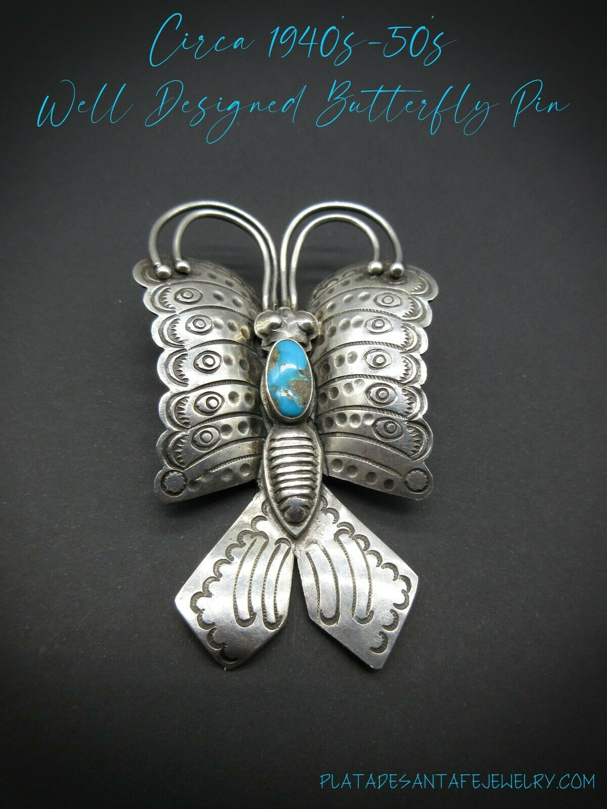 Circa 40's-50's-beautifully Designed-navajo Made Butterfly-premium Turquoise Pin