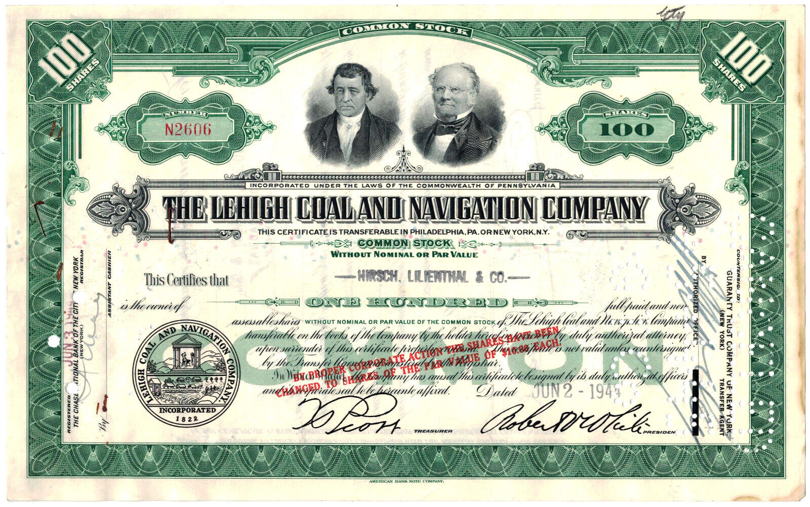 Stock# N2606 Lehigh Coal And Navigation Company - 100 Shares 1944