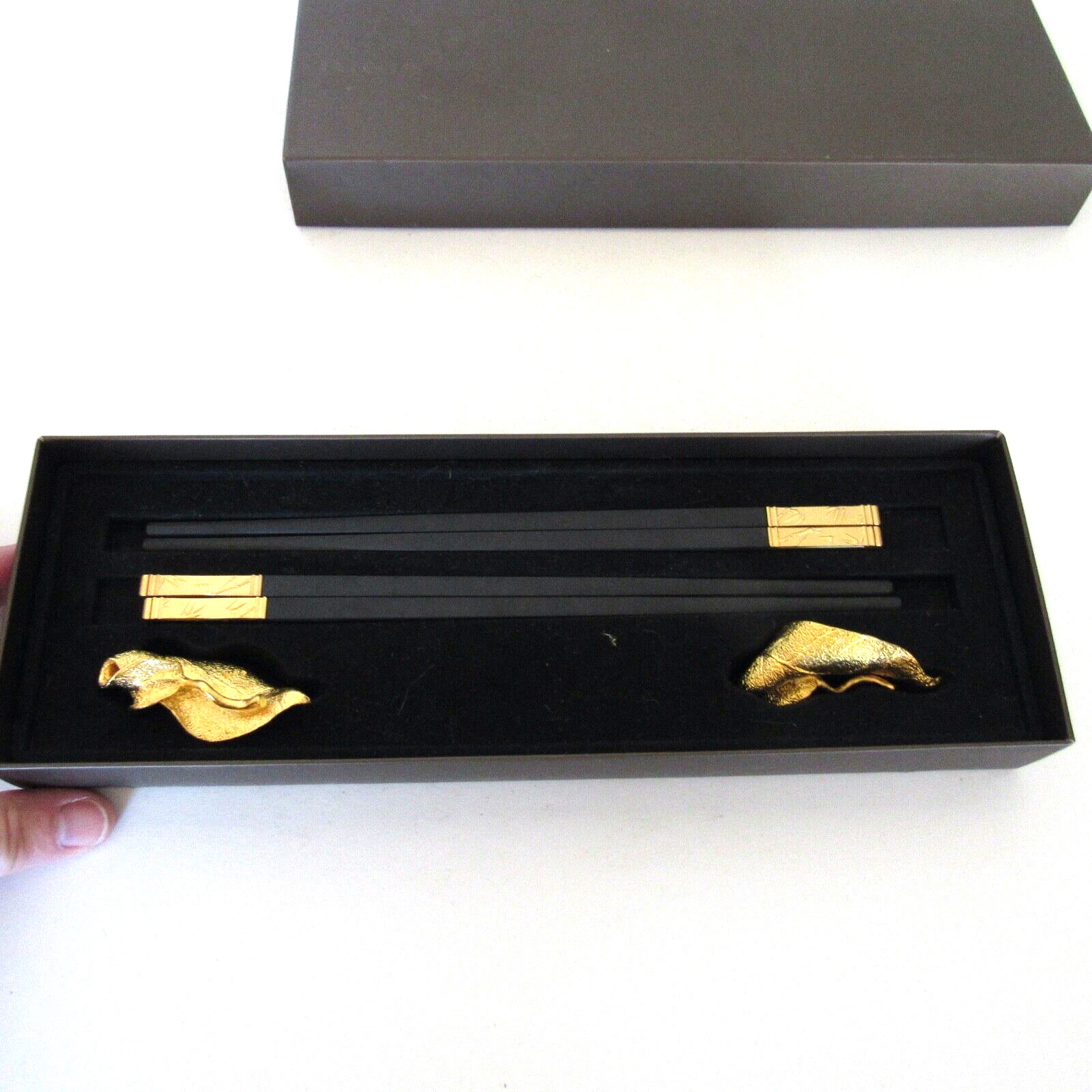 Risis Chopsticks Gold Tipped Black Bamboo Unused In Box 24kt Gold Plated