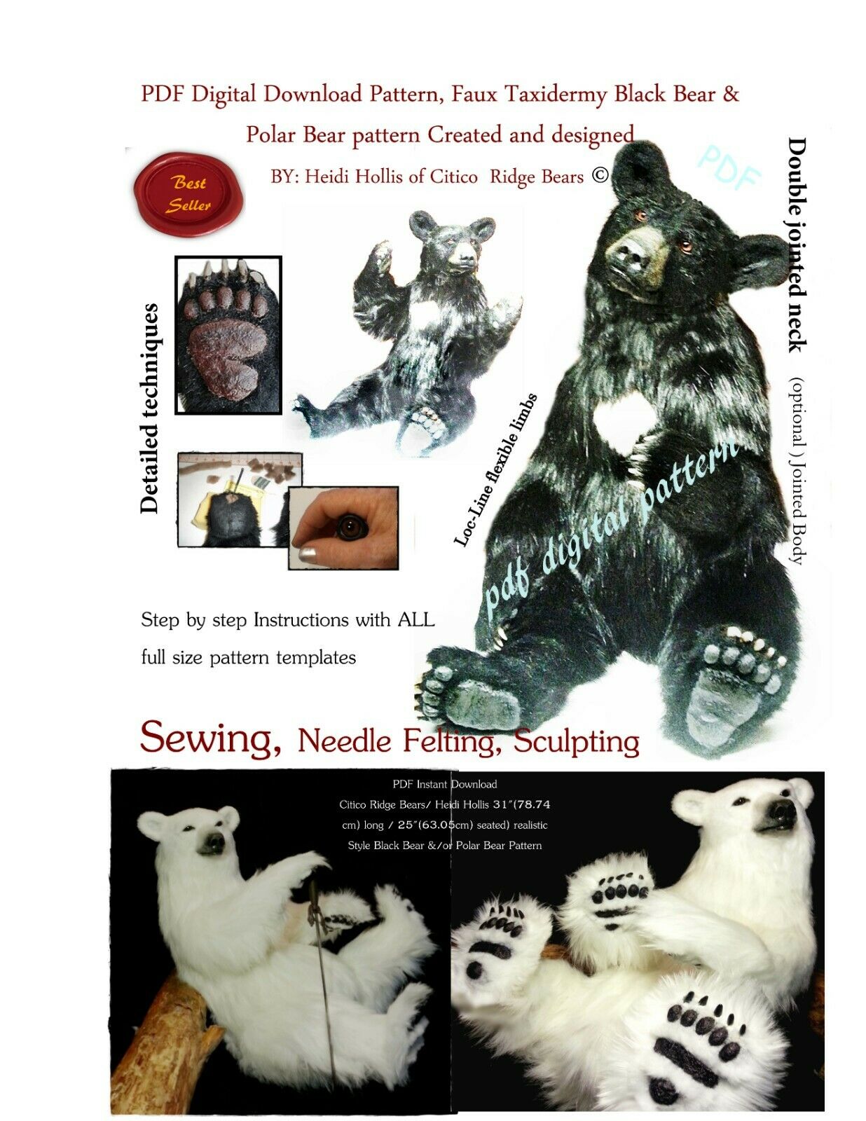 Teddy Bear Sewing Pattern Pdf Book Faux Fur Mohair Realistic Black Bear Jointed