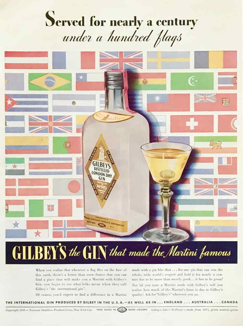 1939 Gilbey's Gin Print Ad Sold For Nearly A Century Under A Hundred Flags