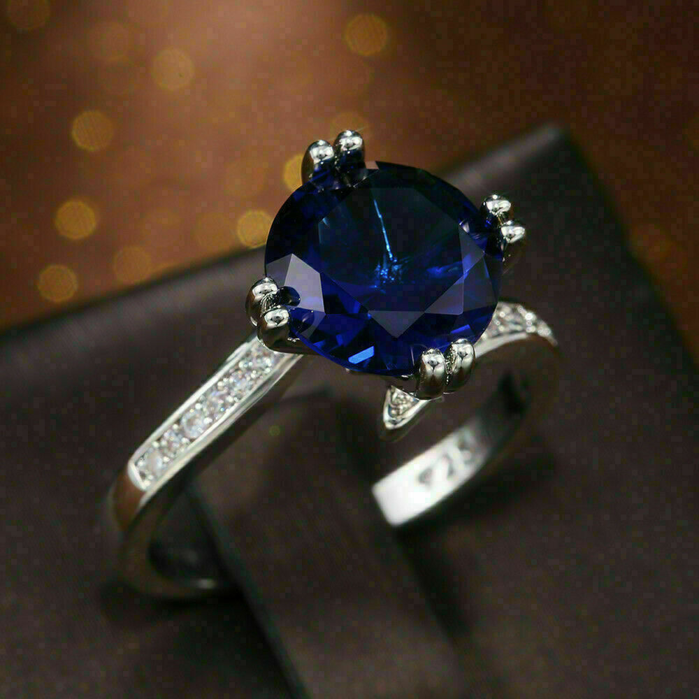 2.10 Ct Round Cut Blue Sapphire & Diamond Engagement Ring 14k White Gold Finish