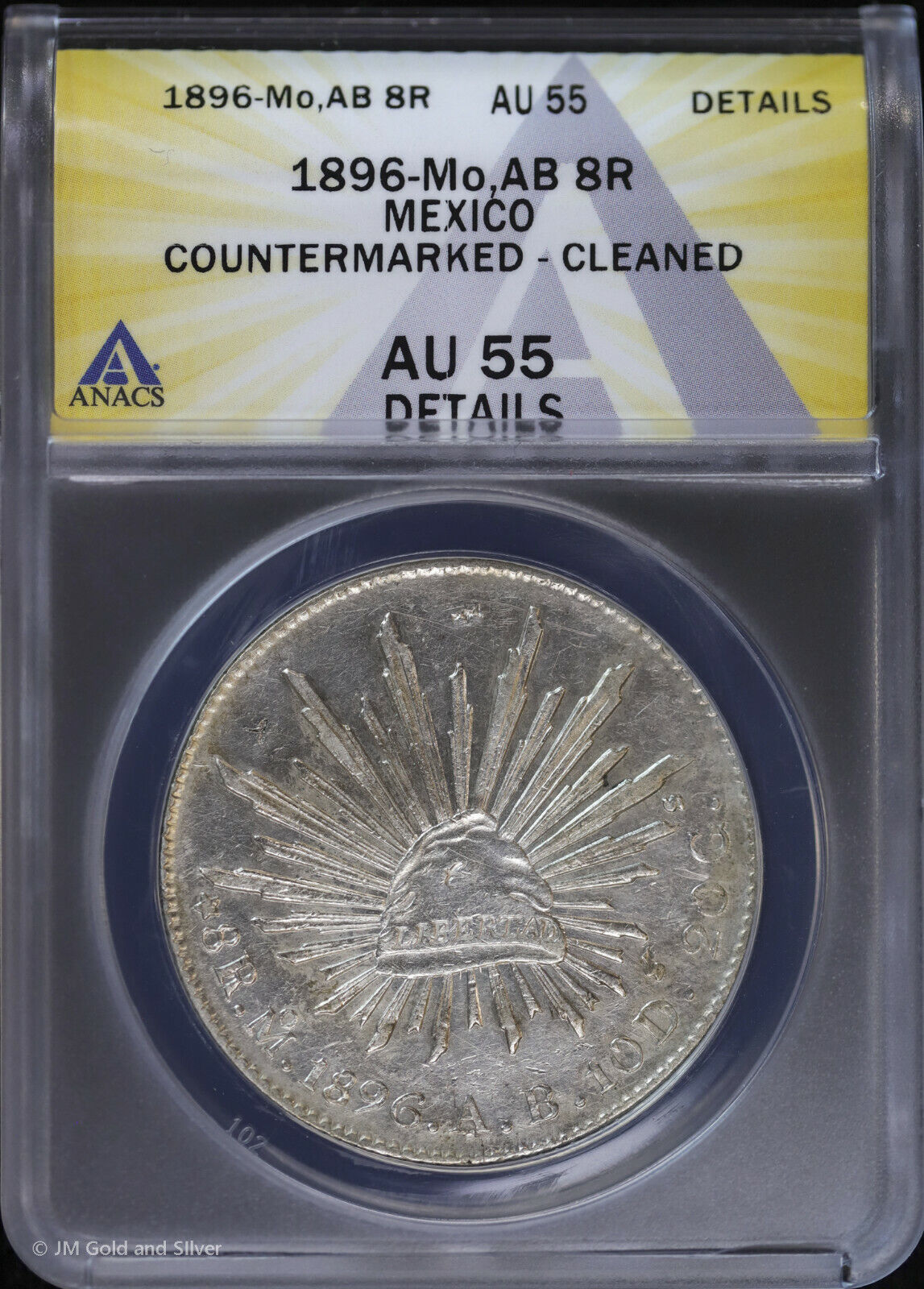 1896 Mo,ab 8r Mexico 8 Reales Anacs Au 55 Details | Countermarked Silver