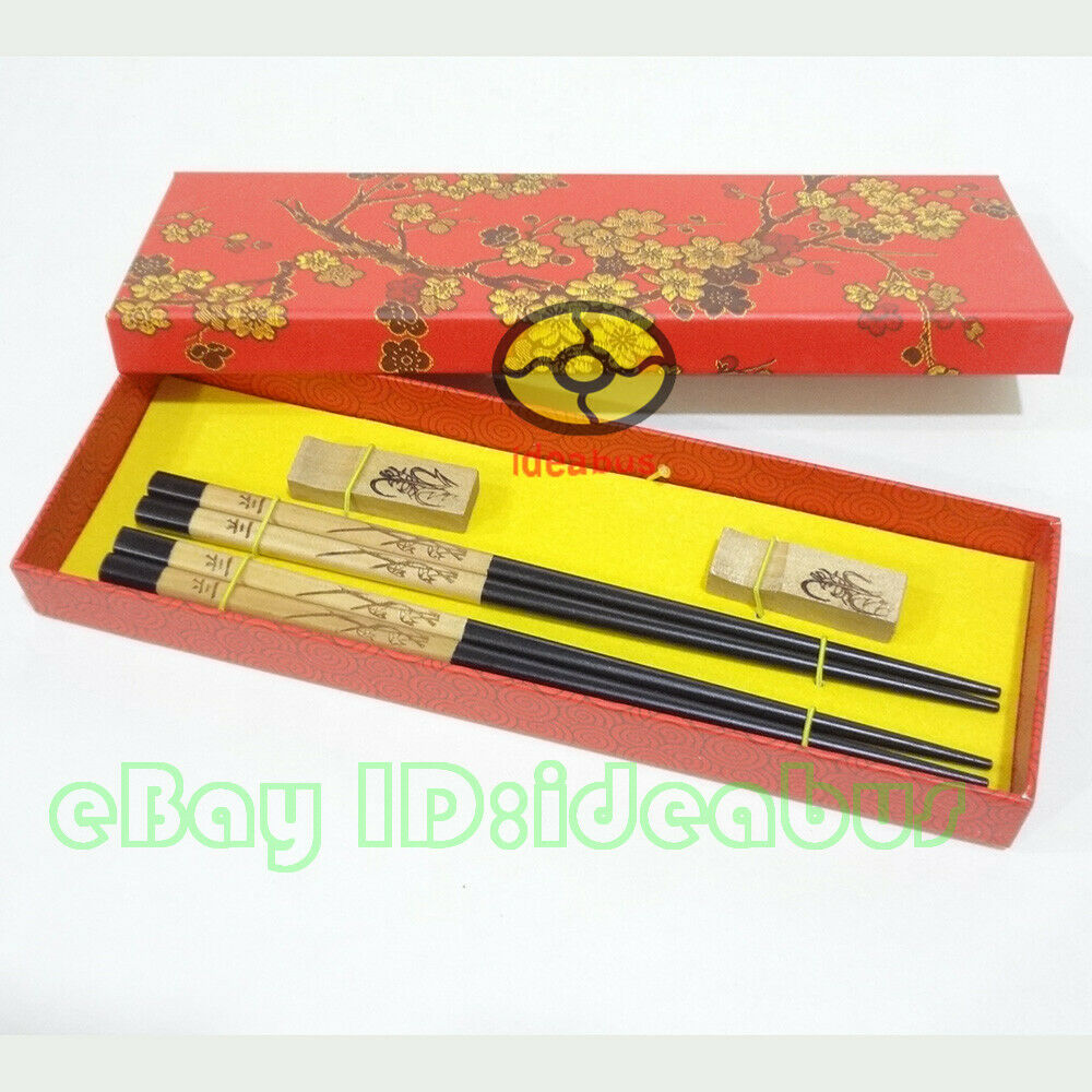Gift Set 2 Pairs Chopsticks/rests/gift Box Wooden Features Chinese Orchid Design