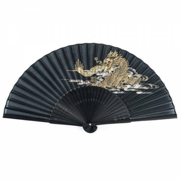 Japanese Folding Fan - Black Dragon Silk & Bamboo Paper Oriental Fan