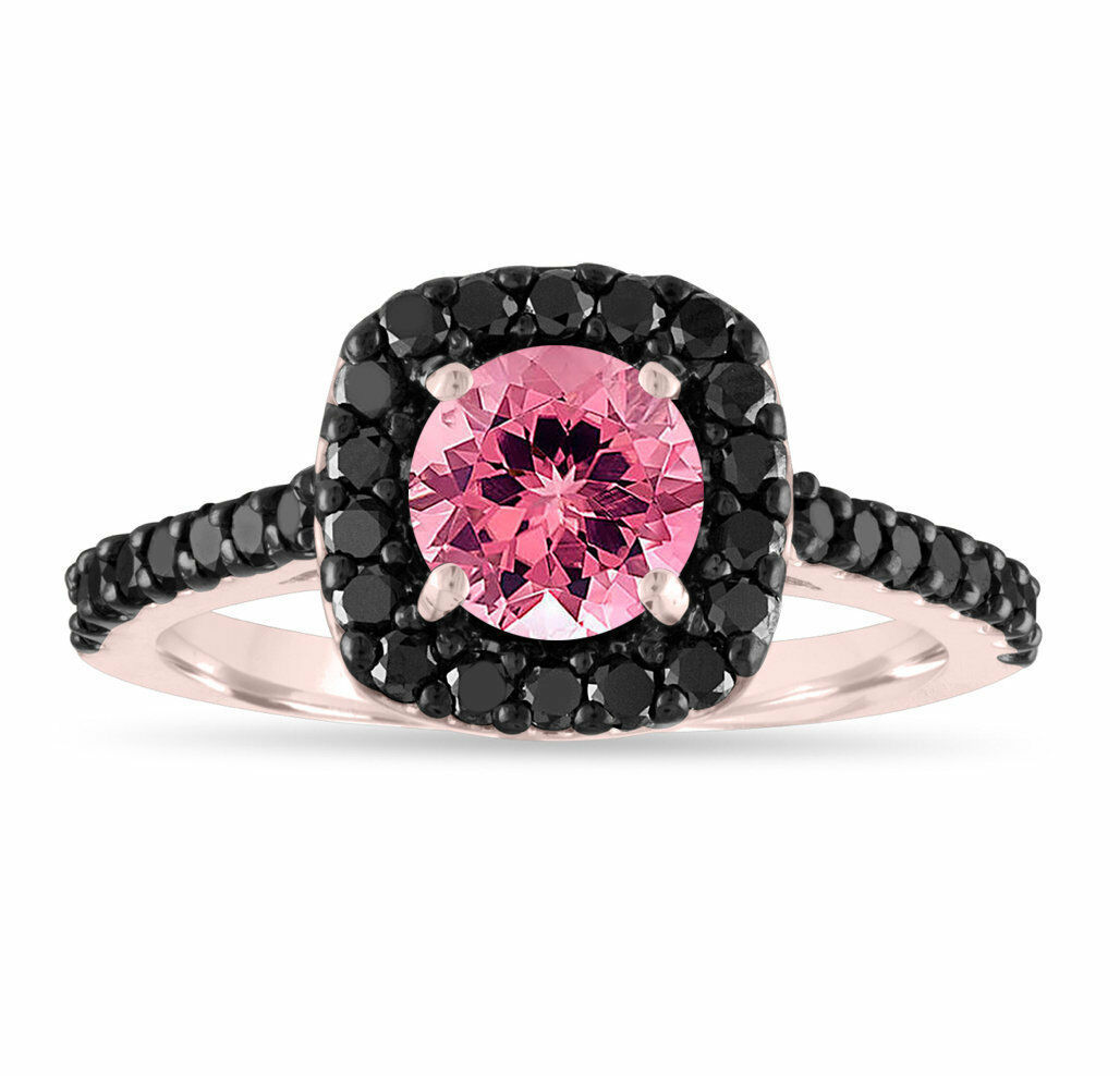 Pink Tourmaline Engagement Ring, 14k Rose Gold 1.67 Carat Halo Pave Handmade