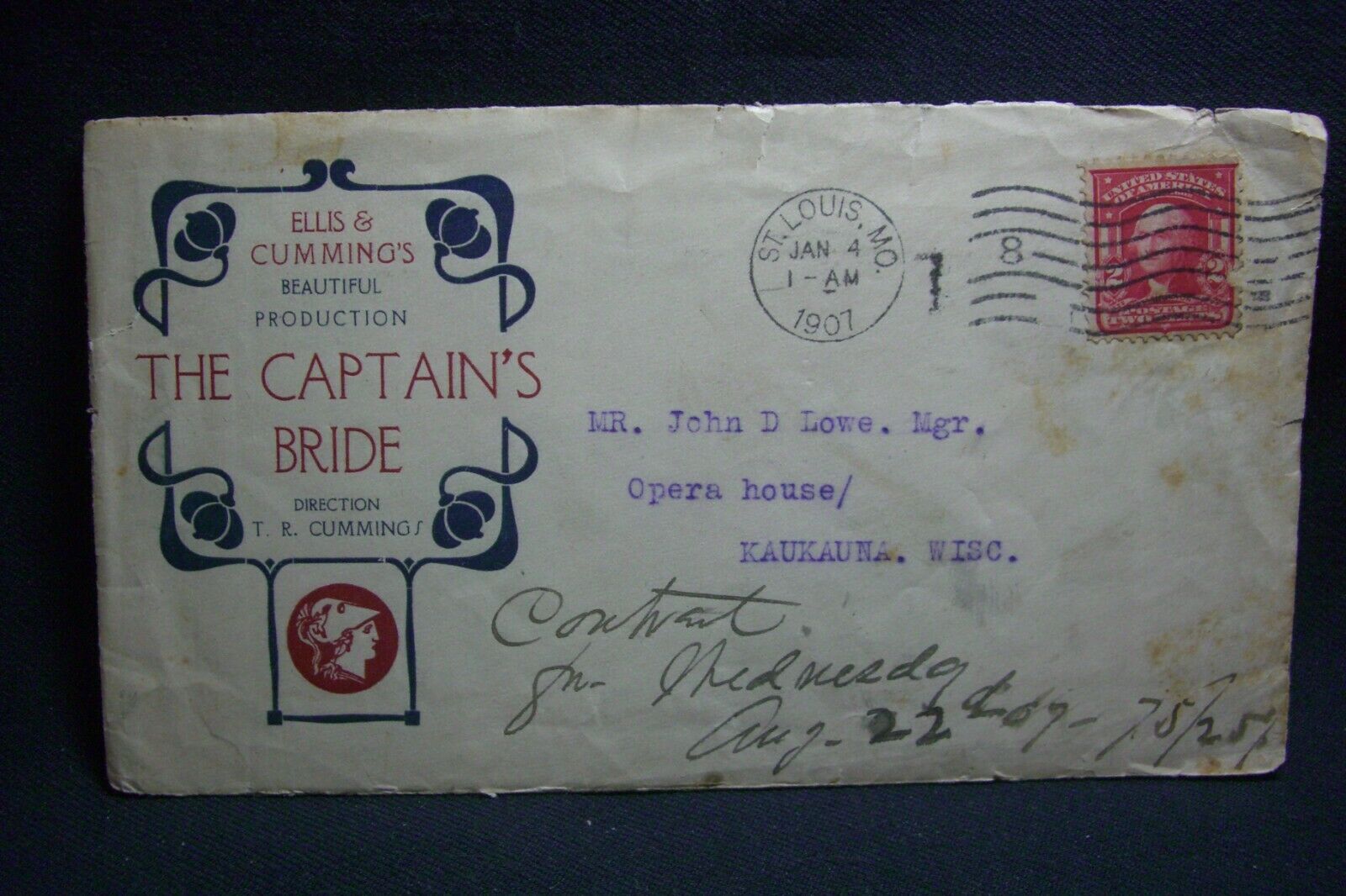 1907 Envelope/enclosures "the Captain's Bride-a Romantic Comedy" St Louis Mo