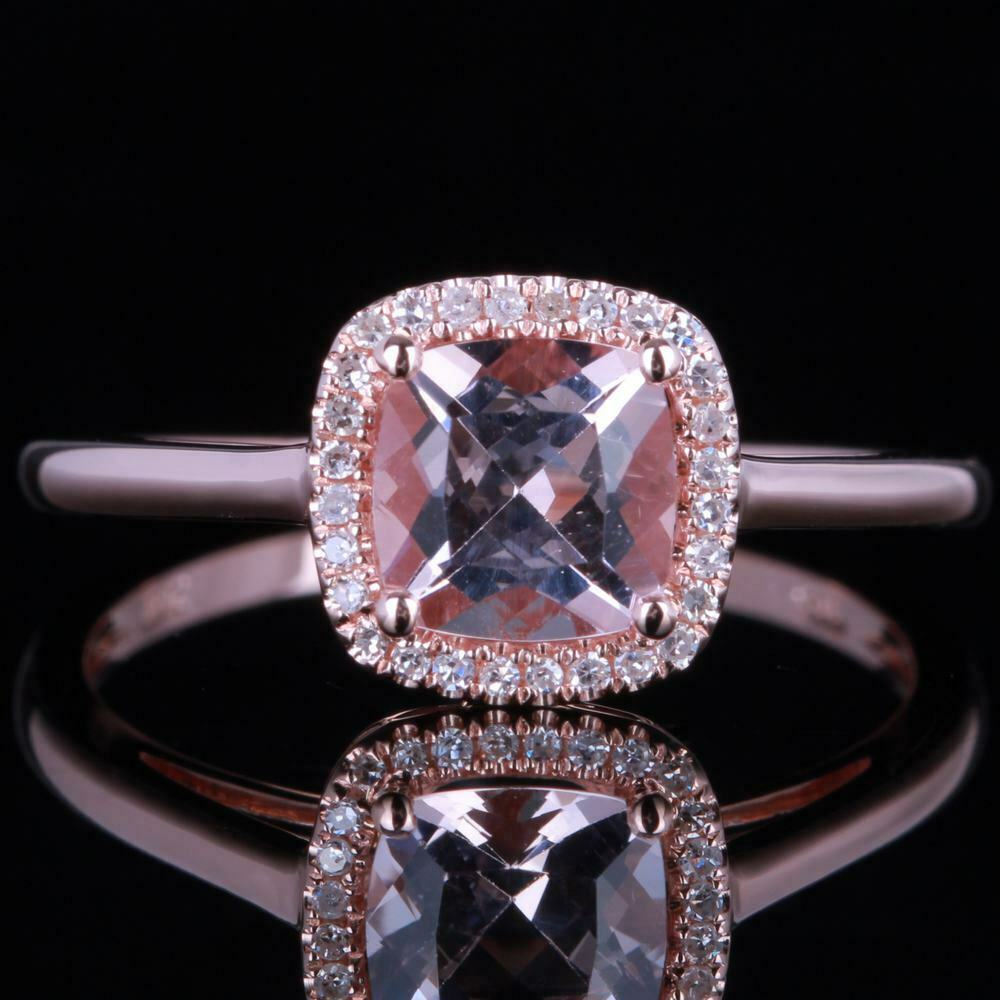 Cushion 6x6mm Pink Morganite Real Diamond Gemstone Jewelry Ring Sterling Silver