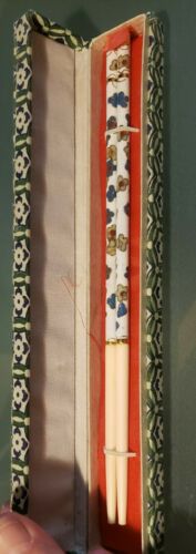 Vintage Pair Of Chinese 1970's White Cloisonné Enamel Chopsticks In Case