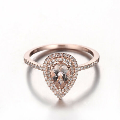 925 Sterling Sliver Morganite Diamond Romantic Engagement Wedding Ring Jewelry