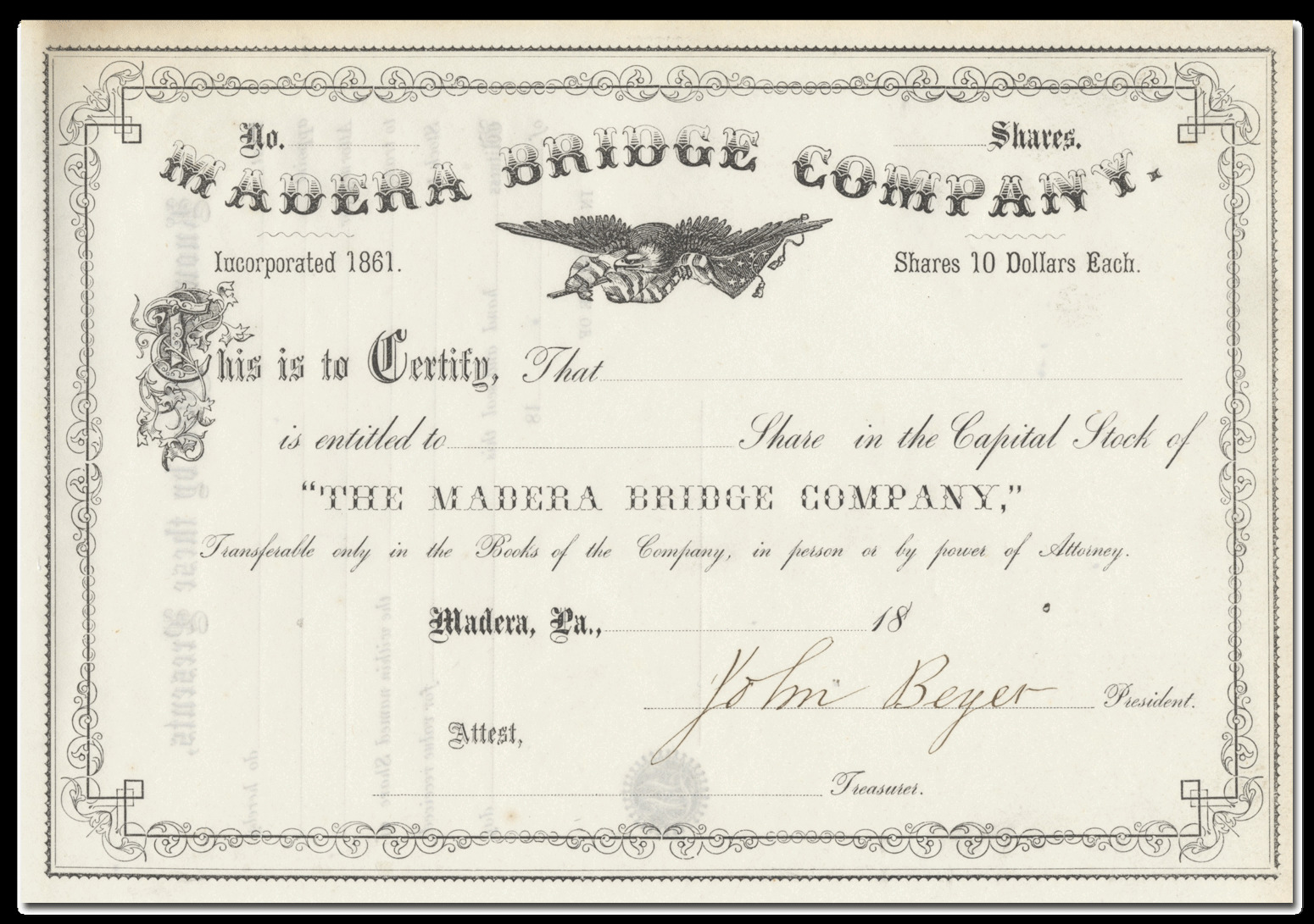 Madera Bridge Company Stock Certificate (pennsylvania, 1800's!!)