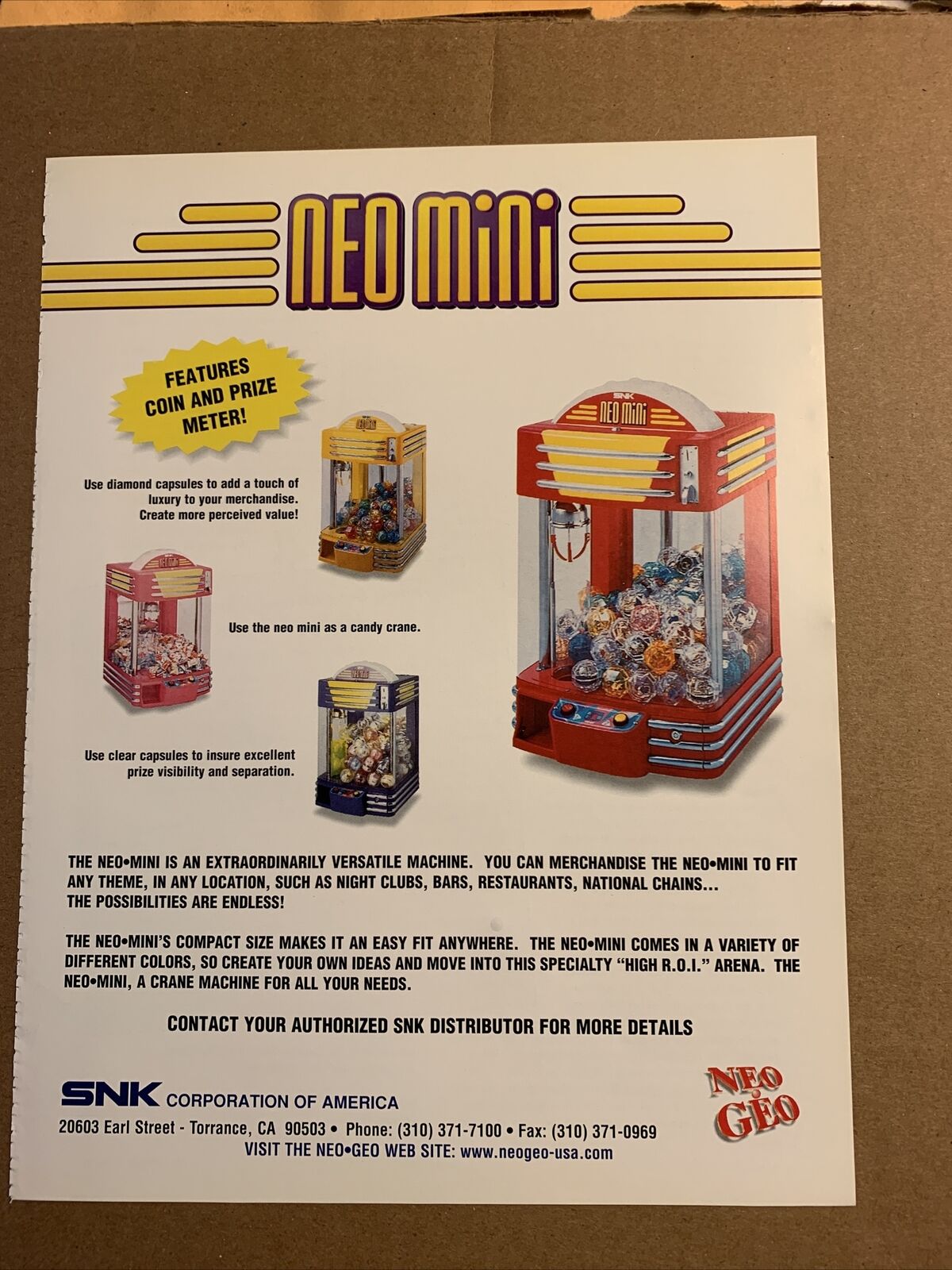 Original 1997 Ad 11- 8 3/8'' Neo Mini Crane Snk  Arcade Game Flyer